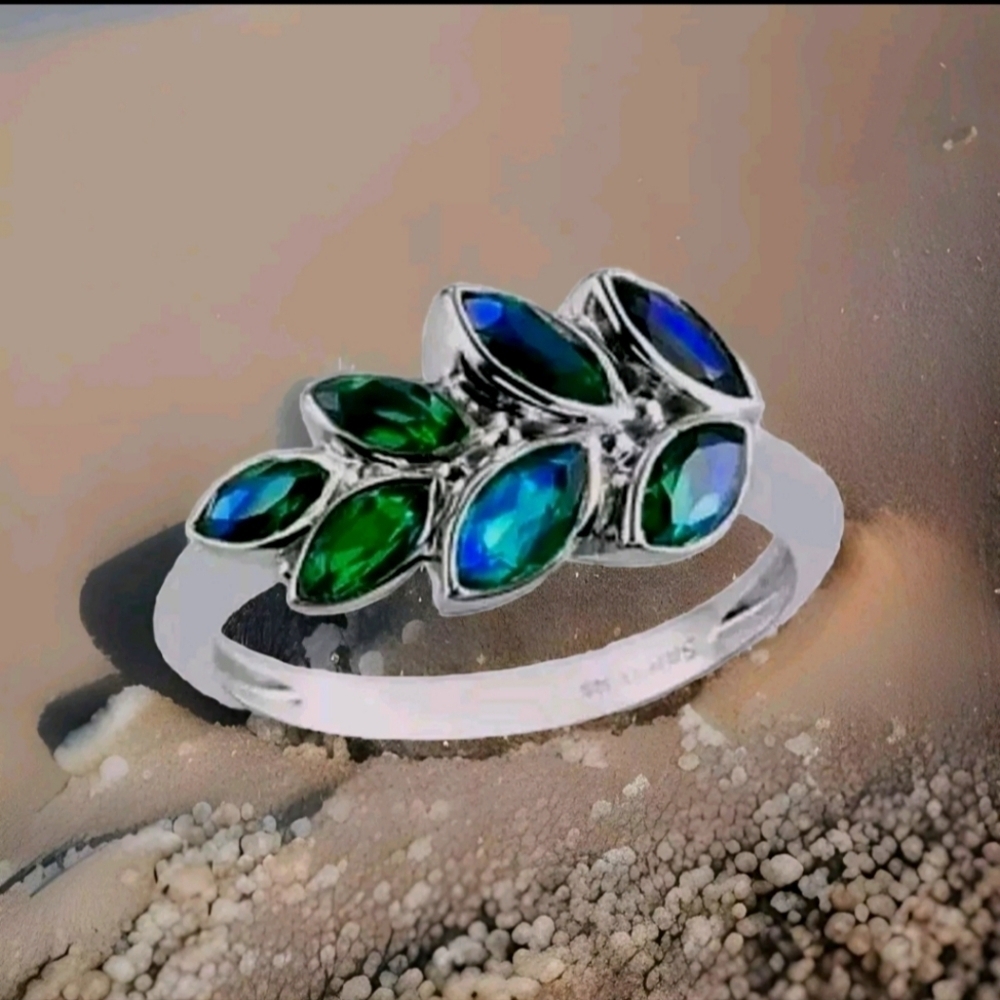 Sajen Doublet Rainbow Caribbean Quartz Sterling Silver Leaf Ring - Picture 3 of 9